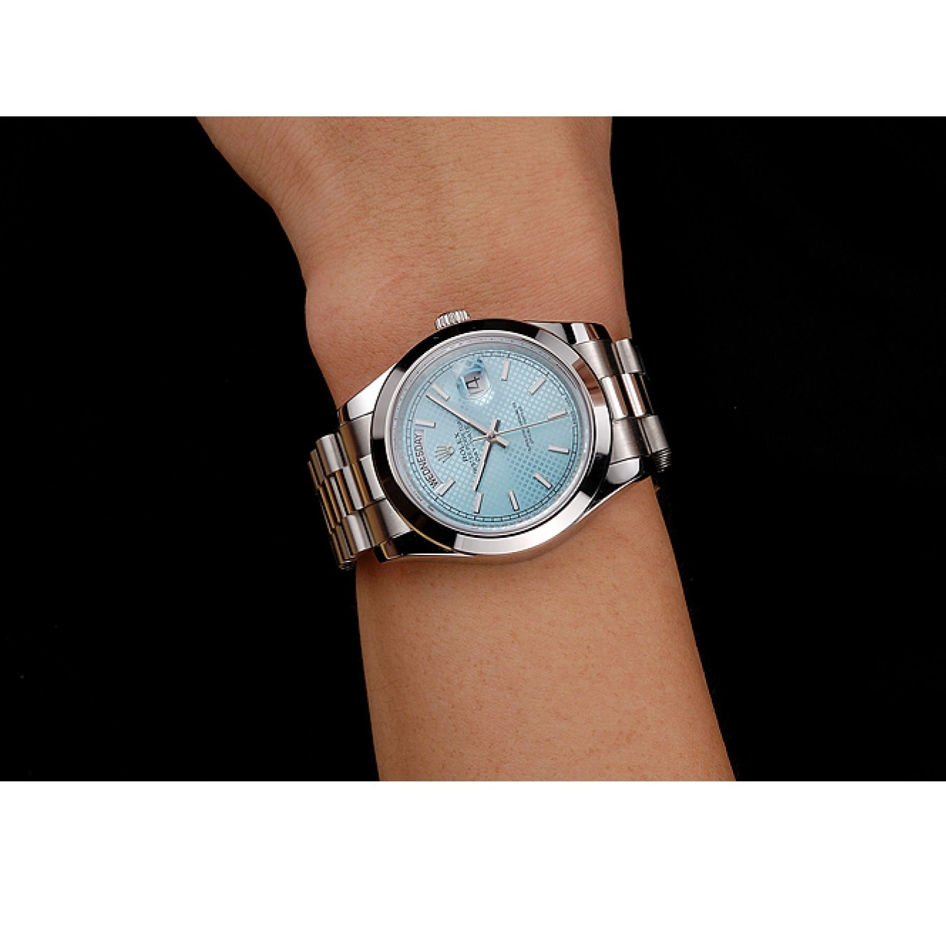 Aaa replica watch Date 40 Rolex Platinum Swiss Day Blue And Stainless Ice Steel Dial Case Bracelet 0621